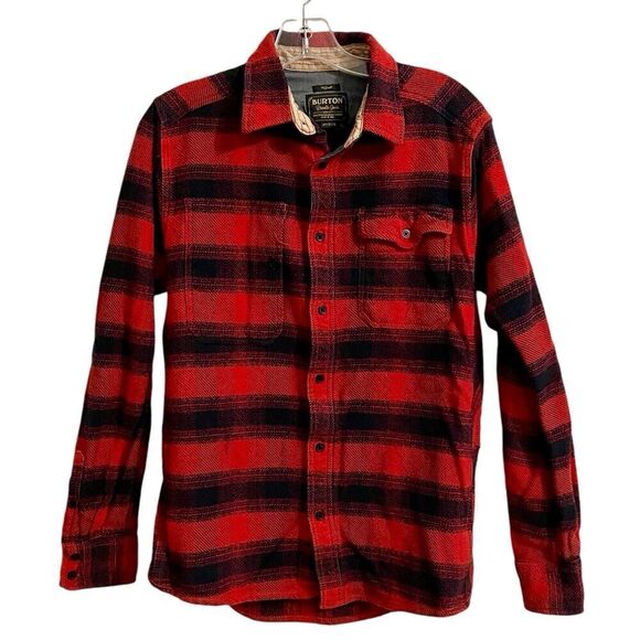 Burton Shirt Men Small Red Blk Dryride Button Front Flannel Plaid Cotton Utilit… - Picture 1 of 8